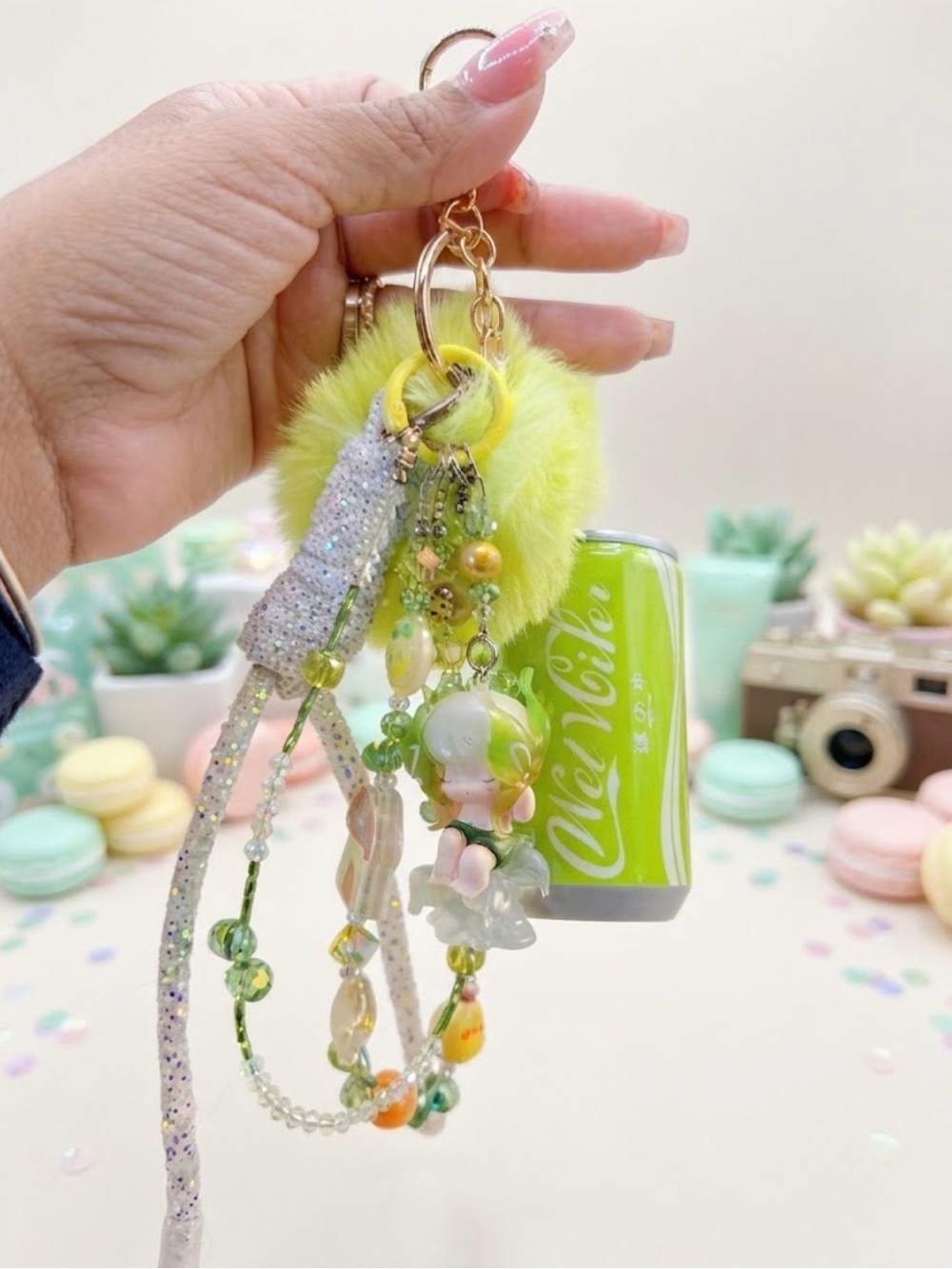 Custom Lime Green Pom-Pom Charm Keychain with Beaded Figurine